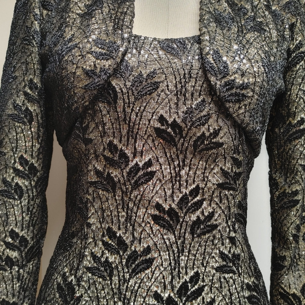 Bari Jay Black Lace with Gold Lame Underlay Evening Dress & Bolero sz 4/6 - Picture 3 of 15